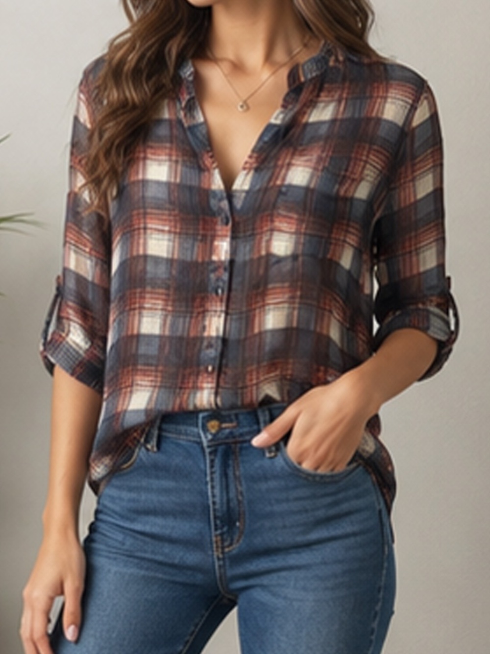 Band of Gypsies Sheer Plaid Button-Up Blouse